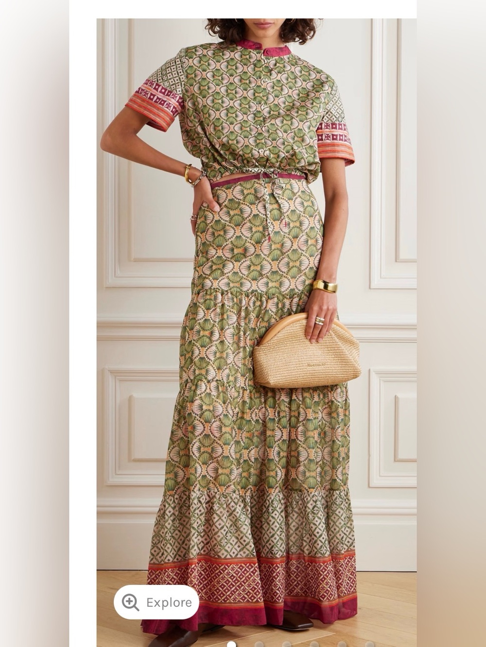 SALONI Jude cotton Green and Pink Floral-Print Buttoned Top with matching skirt.